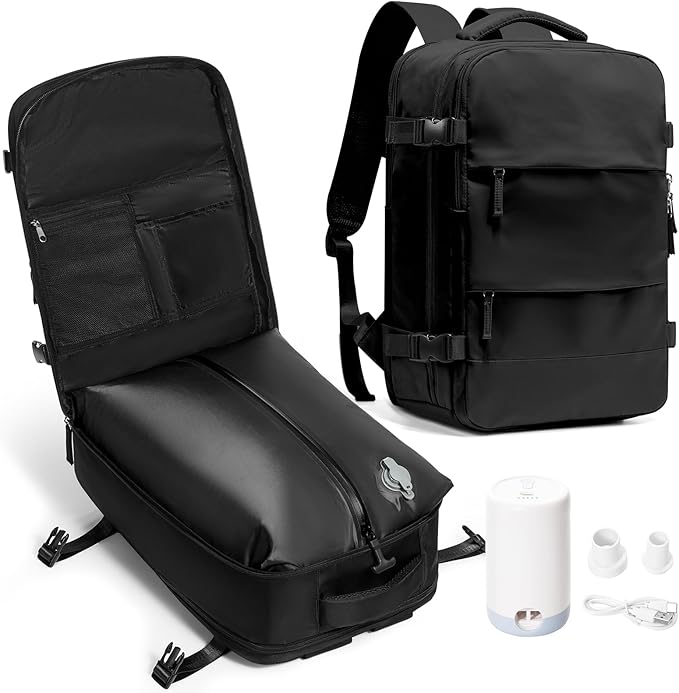 coowoz Travel Backpack with Vacuum System For Women Men,Vacuum Backpack Travel with Pump,Carry On Backpack,Personal Item Backpack Waterproof Outdoor Sports Rucksack Casual Daypack,30L,Black
