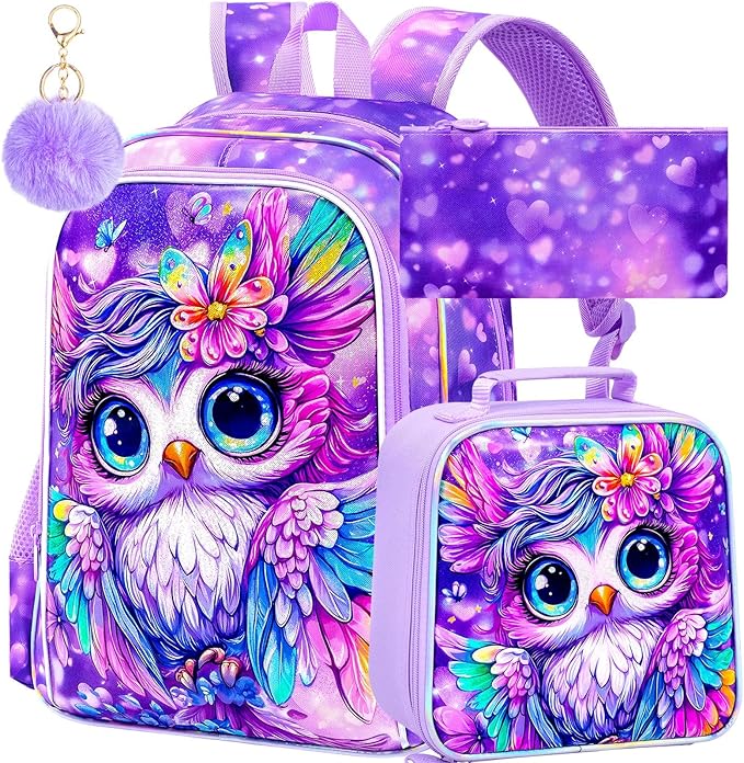 16" Owl Backpack for Girls, 3Pcs School Bookbag Set with Lunch Box, Kids Backpacks for Elementary Preschool Kindergarten (Purple)
