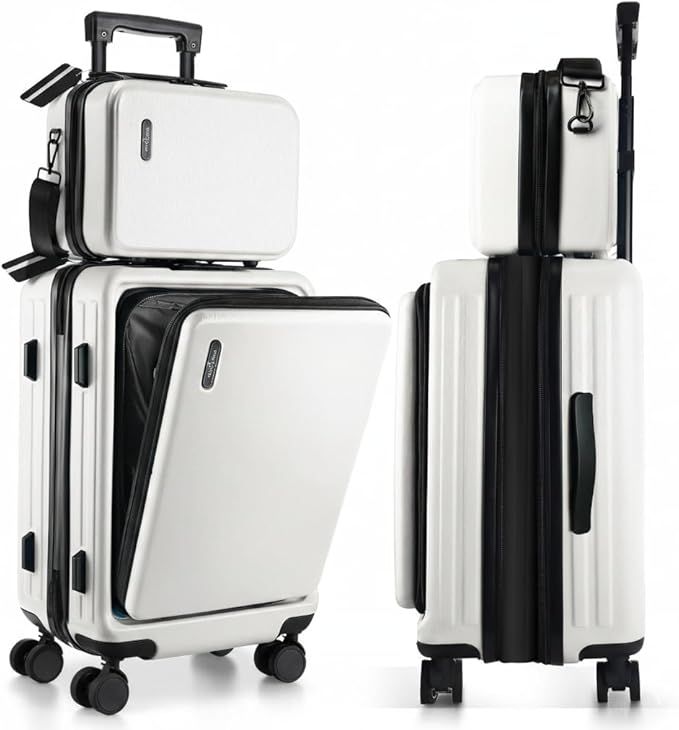 TRAVELARIM 22 Inch Carry On Luggage 22x14x9 Airline Approved, Small Carry On Suitcase, Hard-shell Carry-on Luggage with Wheels, Durable Expandable White Luggage Carry-On with Cosmetic Case