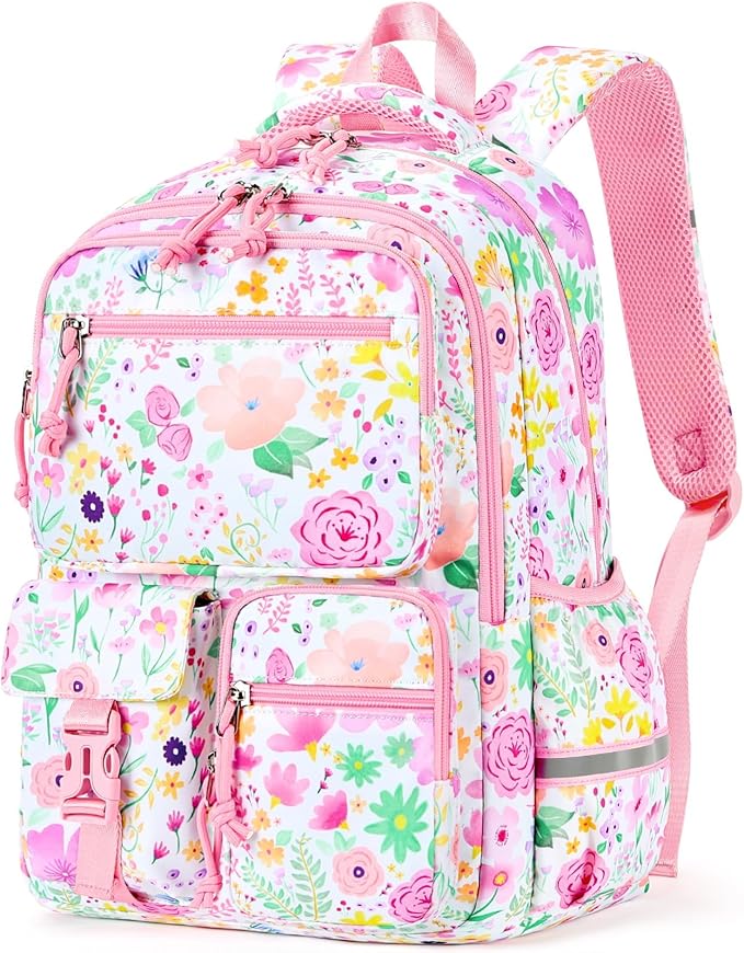 mibasies Backpack for Girls: 17.8IN Kids School Backpack for Elementary Primary - Bookbag with Laptop Compartment - Flower Pink
