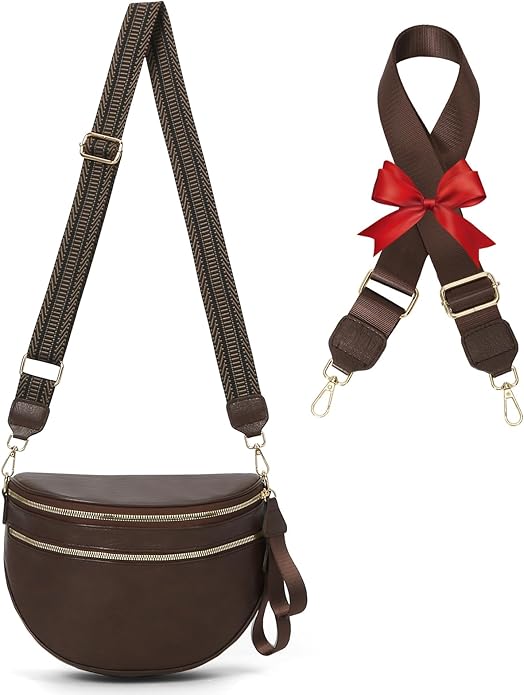 Leather Crossbody Fanny Pack Trendy Bum Bag Double Zip Multi Compartment with 2 Adjustable Straps Daily Belt Purse for Women
