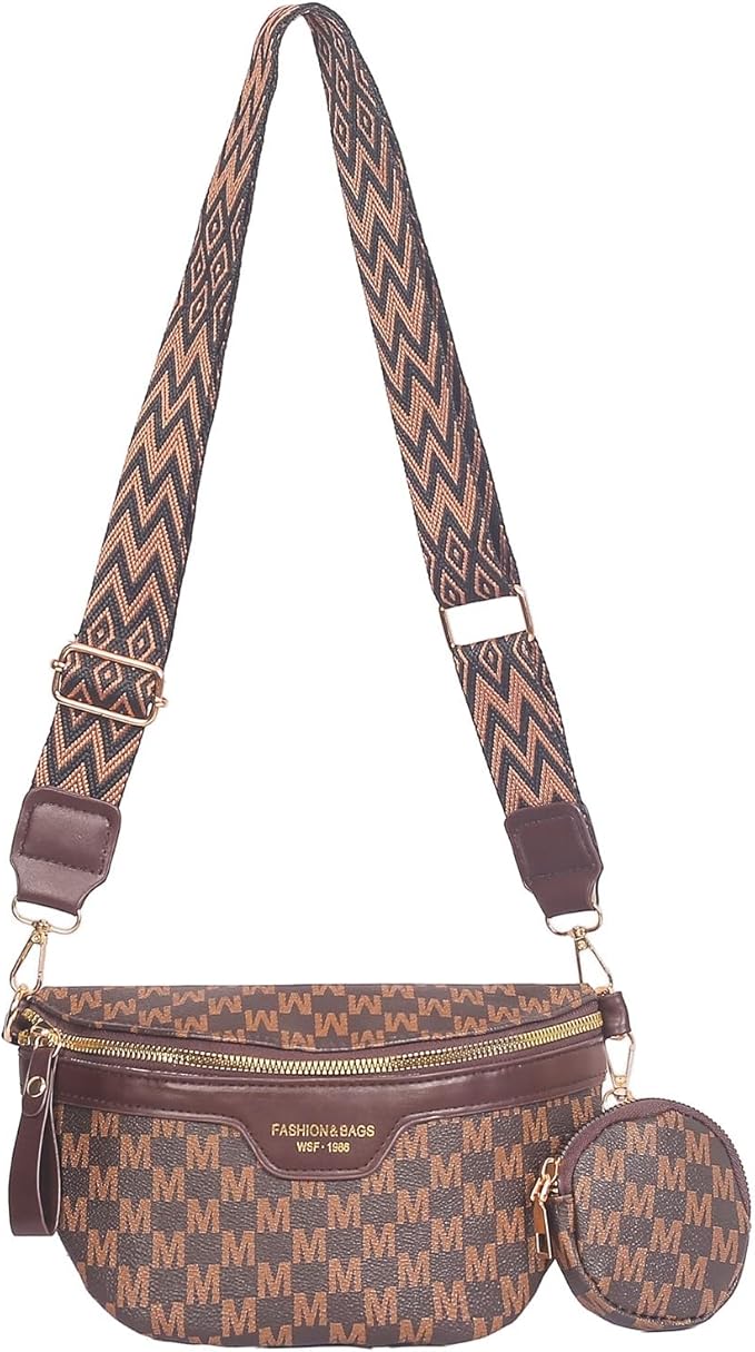 Women's Monogram Fanny Pack, Crossbody Bag with Detachable Coin Purse, Checkered Waist Belt Bag, Leather Bum Bag for Gym, Travel, Concerts & Daily Outfits