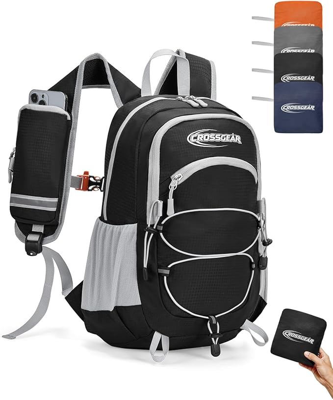 CROSSGEAR 24L Hiking Backpack, Lightweight Foldable Packable Daypack with RFID Pocket, Multi-Pocket, Nylon Small Travel Backpack, Water Resistant for Travel, Camping, Outdoor, Black